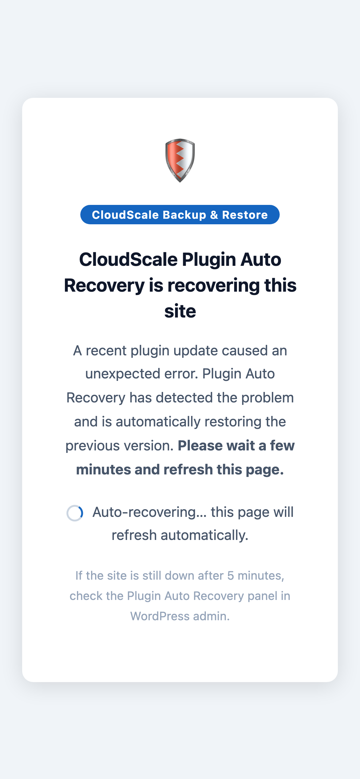 CloudScale Automatic Crash Recovery — branded recovery page shown to visitors while the site recovers
